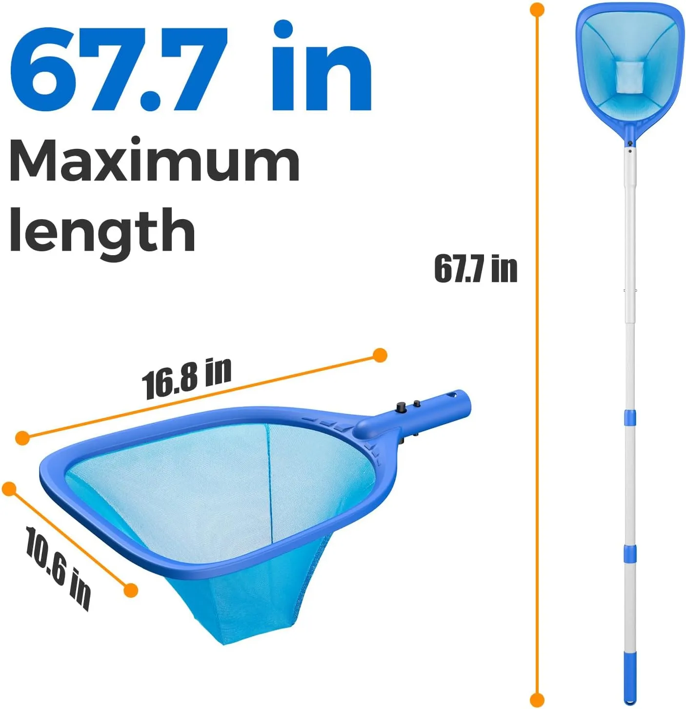 Swimming Pool Skimmer Net Total Length 67.7 inches, Leaf Rake Net with Adjustable Aluminum Pole for Fast Cleaning Ponds, Hot Tub, and Spas, Pool Cleaner Supplies and Accessories