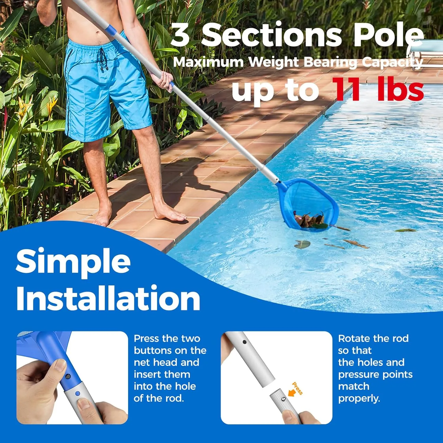 Swimming Pool Skimmer Net Total Length 67.7 inches, Leaf Rake Net with Adjustable Aluminum Pole for Fast Cleaning Ponds, Hot Tub, and Spas, Pool Cleaner Supplies and Accessories