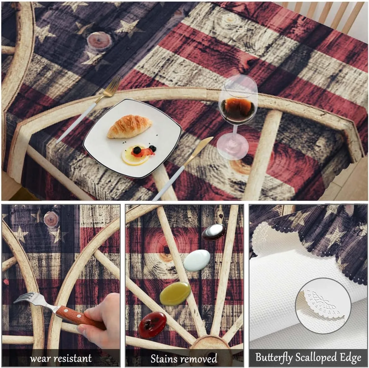 Swono American Flag 52"X70" Oblong Table Cloth Retro Wooden Wagon Wheels USA Flag Wrinkle Free Table Cover Farmhouse Tablecloth for Home Restaurant Picnic Indoor Outdoor Dining