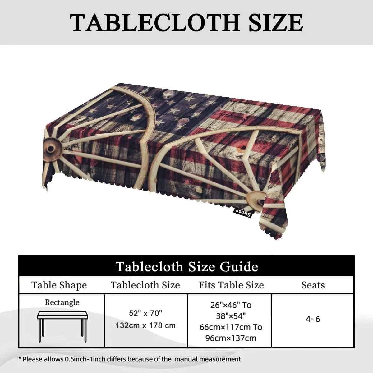 Swono American Flag 52"X70" Oblong Table Cloth Retro Wooden Wagon Wheels USA Flag Wrinkle Free Table Cover Farmhouse Tablecloth for Home Restaurant Picnic Indoor Outdoor Dining