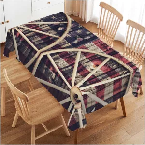 Swono American Flag 52"X70" Oblong Table Cloth Retro Wooden Wagon Wheels USA Flag Wrinkle Free Table Cover Farmhouse Tablecloth for Home Restaurant Picnic Indoor Outdoor Dining