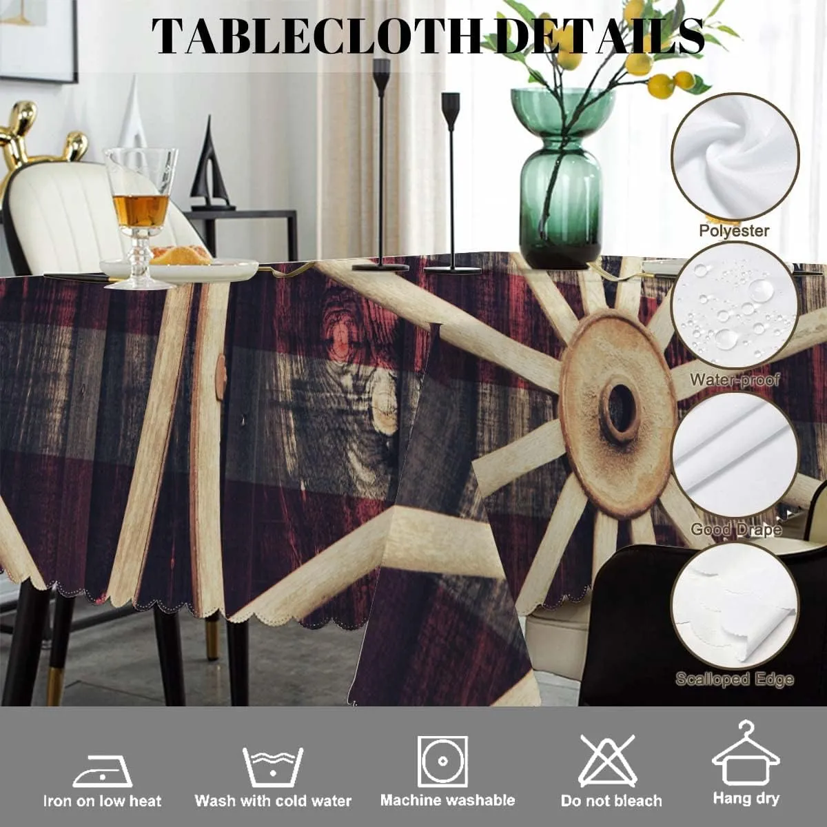 Swono American Flag 52"X70" Oblong Table Cloth Retro Wooden Wagon Wheels USA Flag Wrinkle Free Table Cover Farmhouse Tablecloth for Home Restaurant Picnic Indoor Outdoor Dining
