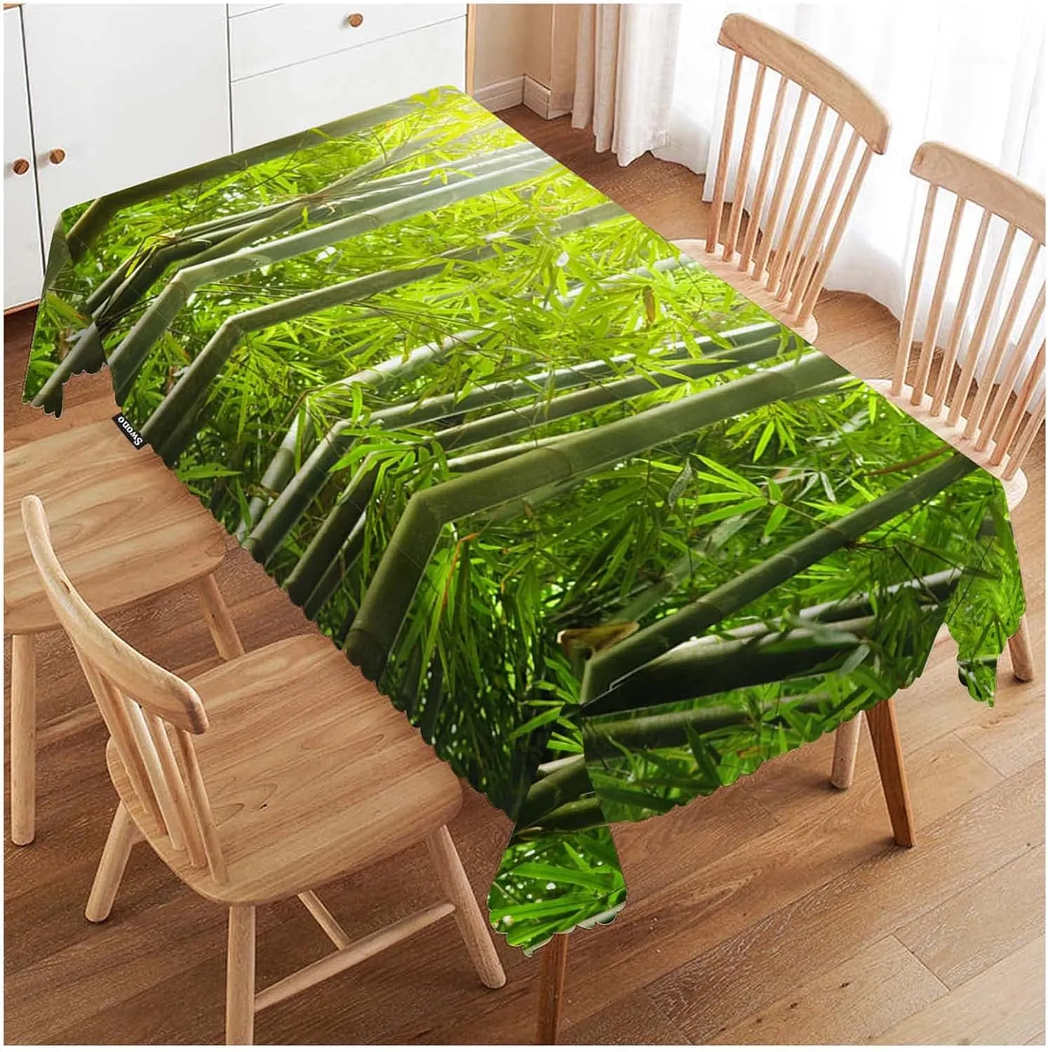 Swono Bamboo Tablecloth Nature Sunlights Beam Bamboo Grove Tree Rectangle Table Cloth Washable Plaid Table Cover for Kitchen Holiday Dinner, 52x 70 Inch Tablecloth