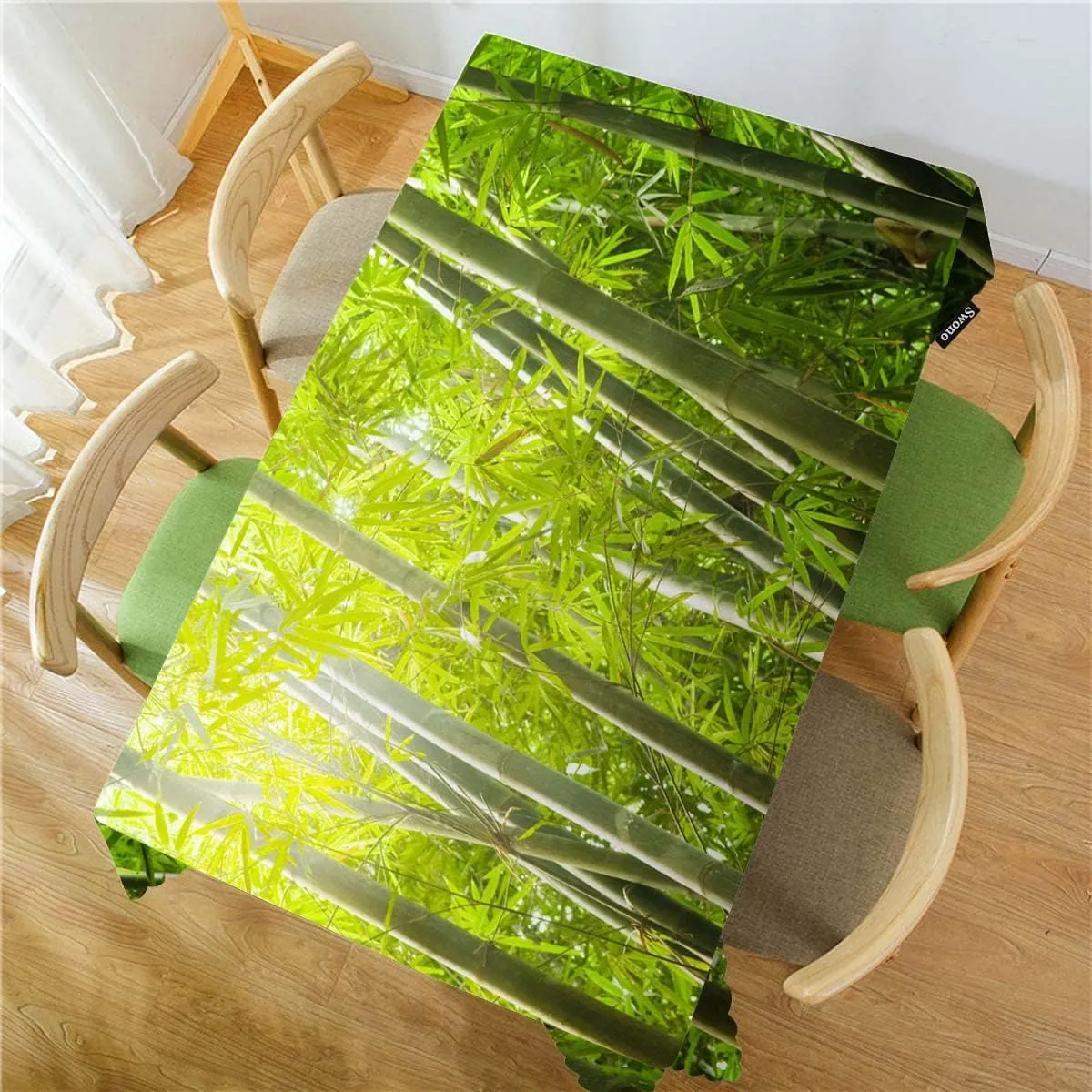 Swono Bamboo Tablecloth Nature Sunlights Beam Bamboo Grove Tree Rectangle Table Cloth Washable Plaid Table Cover for Kitchen Holiday Dinner, 52x 70 Inch Tablecloth