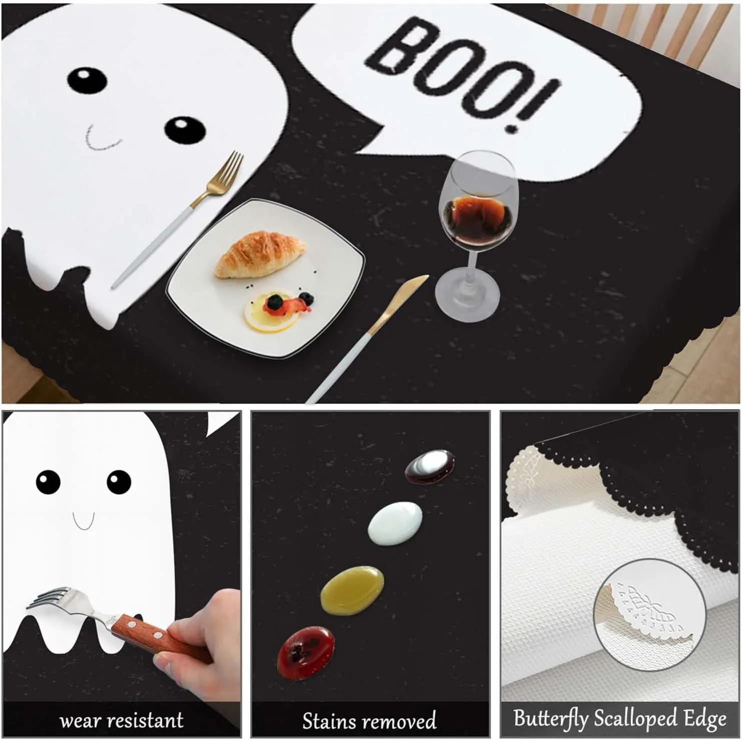 Swono Boo Ghost Rectangular Tablecloth Funny Halloween Ghost Scary Boo Ghost Washable Table Cloth Kitchen Dining Room Table Cover for Party Dinner 50x72 Inch Tablecloths, Black