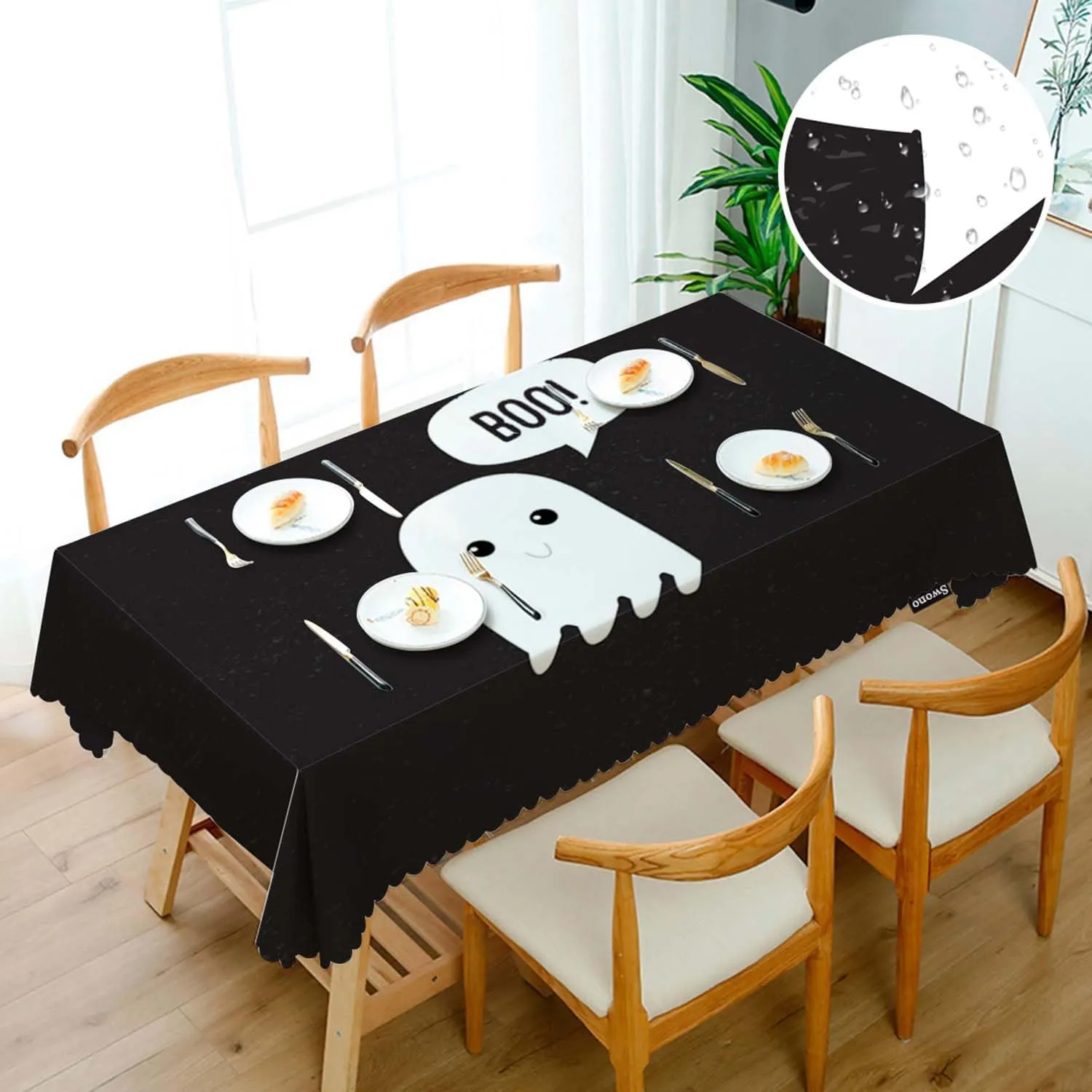 Swono Boo Ghost Rectangular Tablecloth Funny Halloween Ghost Scary Boo Ghost Washable Table Cloth Kitchen Dining Room Table Cover for Party Dinner 50x72 Inch Tablecloths, Black