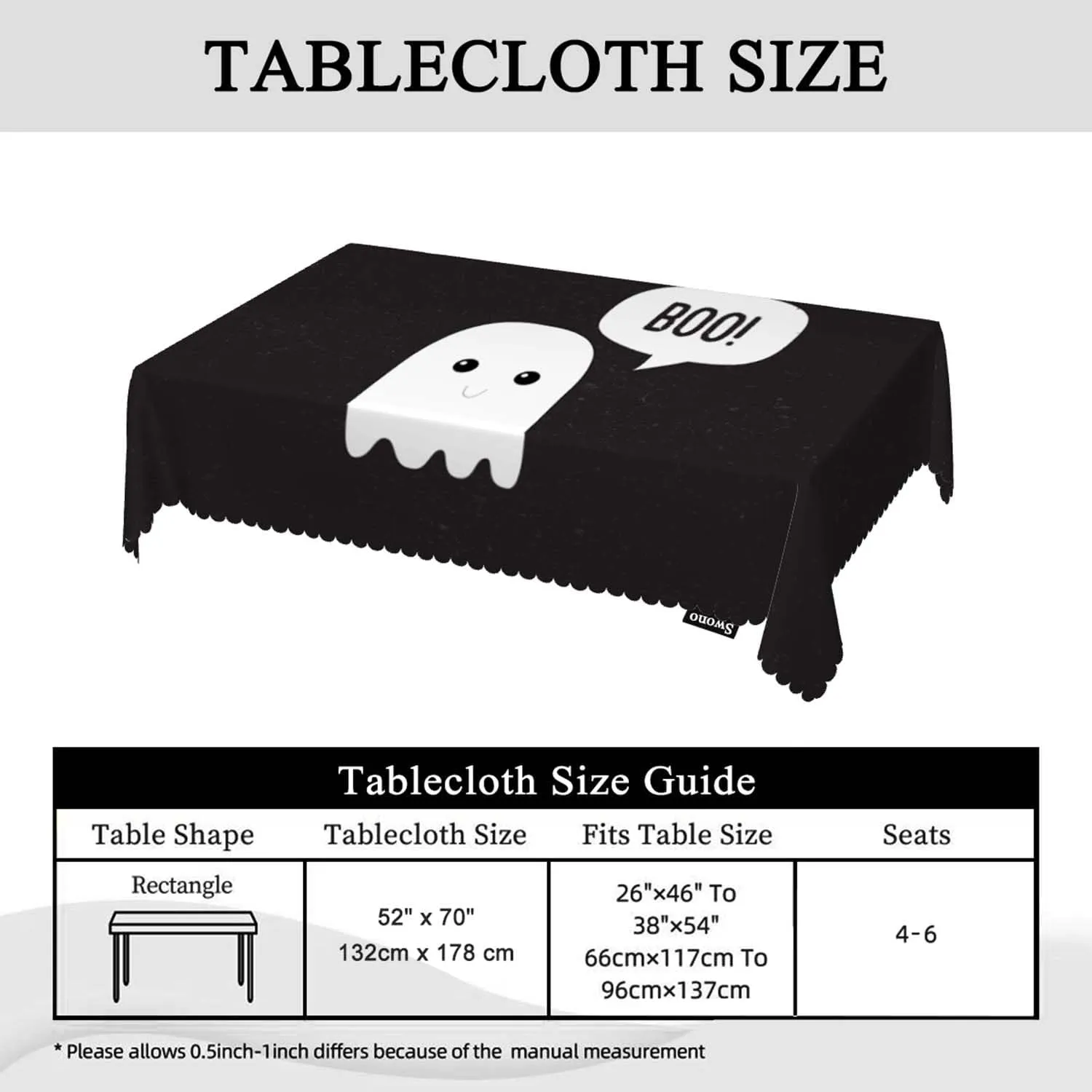 Swono Boo Ghost Rectangular Tablecloth Funny Halloween Ghost Scary Boo Ghost Washable Table Cloth Kitchen Dining Room Table Cover for Party Dinner 50x72 Inch Tablecloths, Black