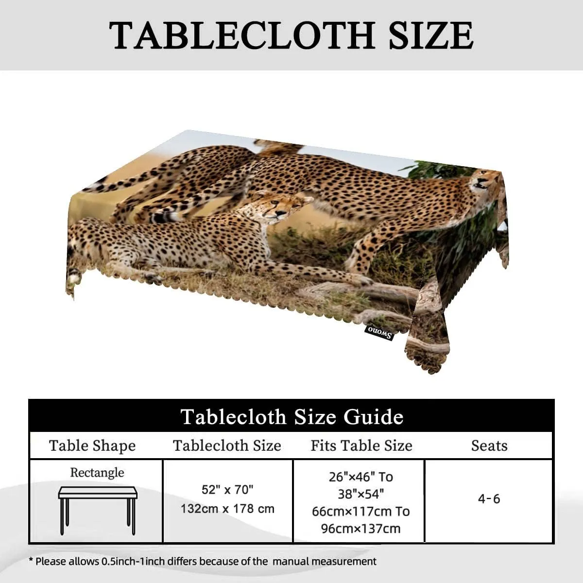 Swono Cheetah Table Cover African Animal Leopard Family Cheetah Grassland 50x72 Inch Table Cloth for Rectangle Tables Buffet Parties Coffee BBQ and Dinning Tablecloth