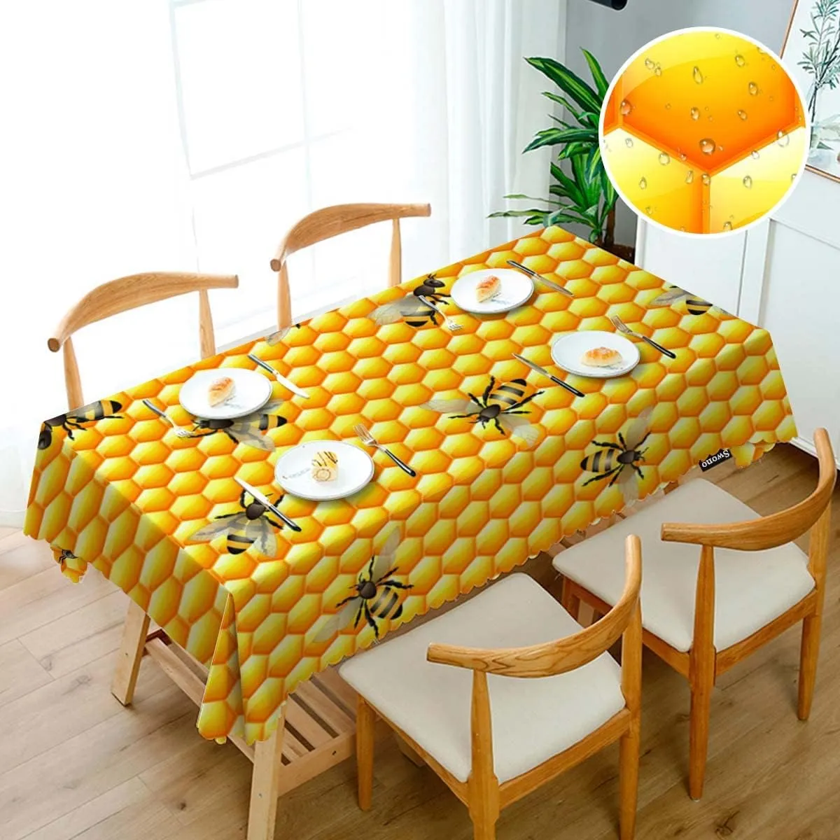 Swono Decorative Rectangle Table Cloth Bees Yellow, Cute Bees Sweet Bee Honeycomb Polyester Tablecloth Kitchen Table Cover for Dining BBQ Picnic Coffee Table 50x72, 4-6 Seats