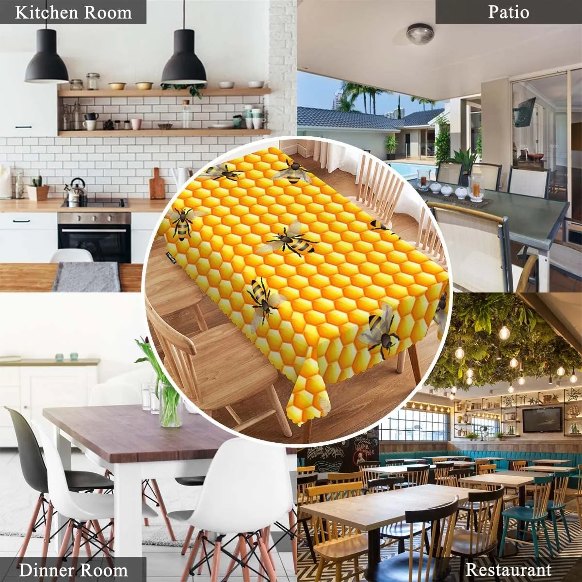 Swono Decorative Rectangle Table Cloth Bees Yellow, Cute Bees Sweet Bee Honeycomb Polyester Tablecloth Kitchen Table Cover for Dining BBQ Picnic Coffee Table 50x72, 4-6 Seats