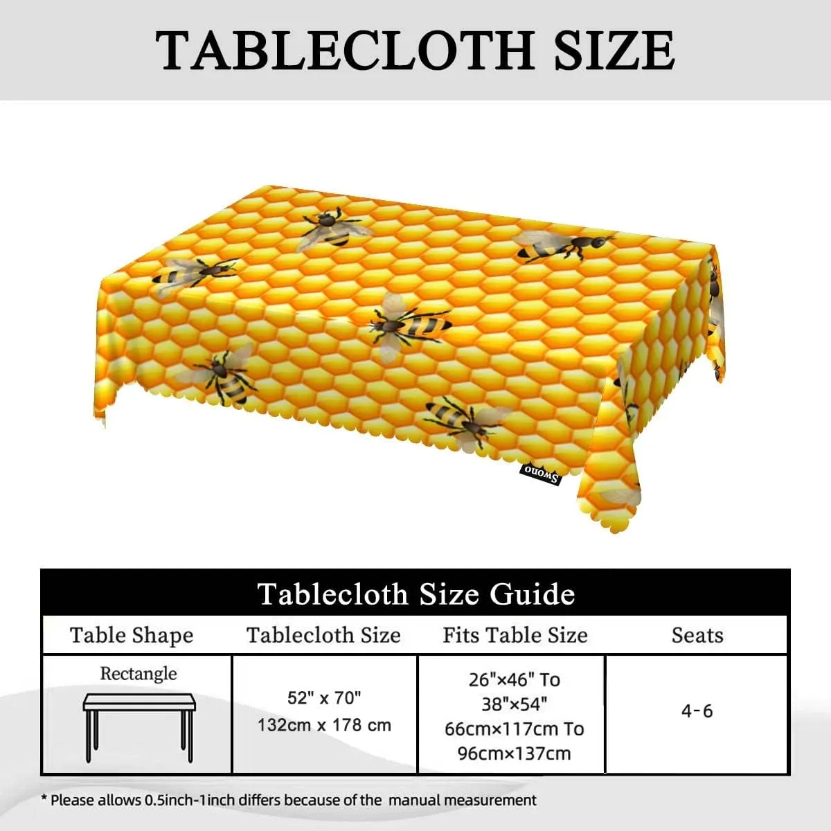 Swono Decorative Rectangle Table Cloth Bees Yellow, Cute Bees Sweet Bee Honeycomb Polyester Tablecloth Kitchen Table Cover for Dining BBQ Picnic Coffee Table 50x72, 4-6 Seats