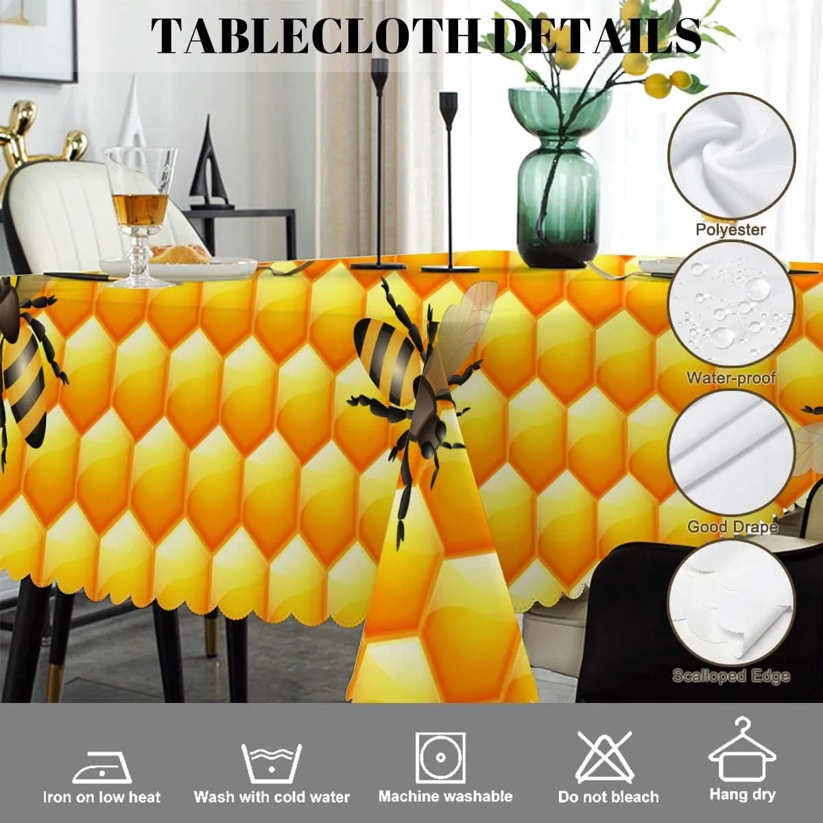 Swono Decorative Rectangle Table Cloth Bees Yellow, Cute Bees Sweet Bee Honeycomb Polyester Tablecloth Kitchen Table Cover for Dining BBQ Picnic Coffee Table 50x72, 4-6 Seats