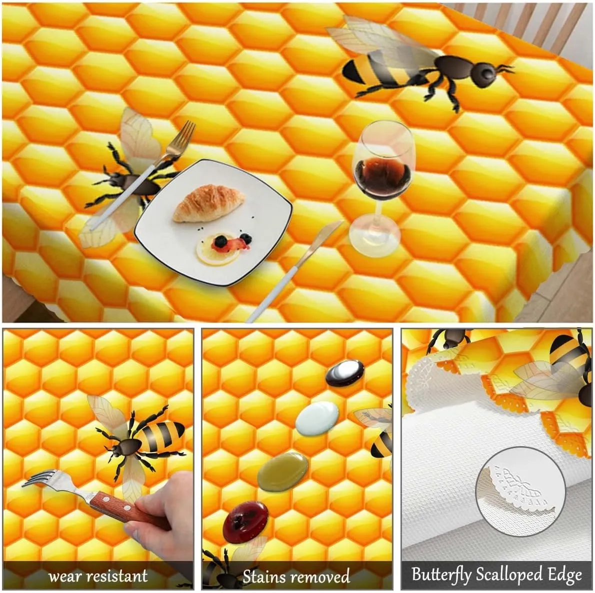 Swono Decorative Rectangle Table Cloth Bees Yellow, Cute Bees Sweet Bee Honeycomb Polyester Tablecloth Kitchen Table Cover for Dining BBQ Picnic Coffee Table 50x72, 4-6 Seats