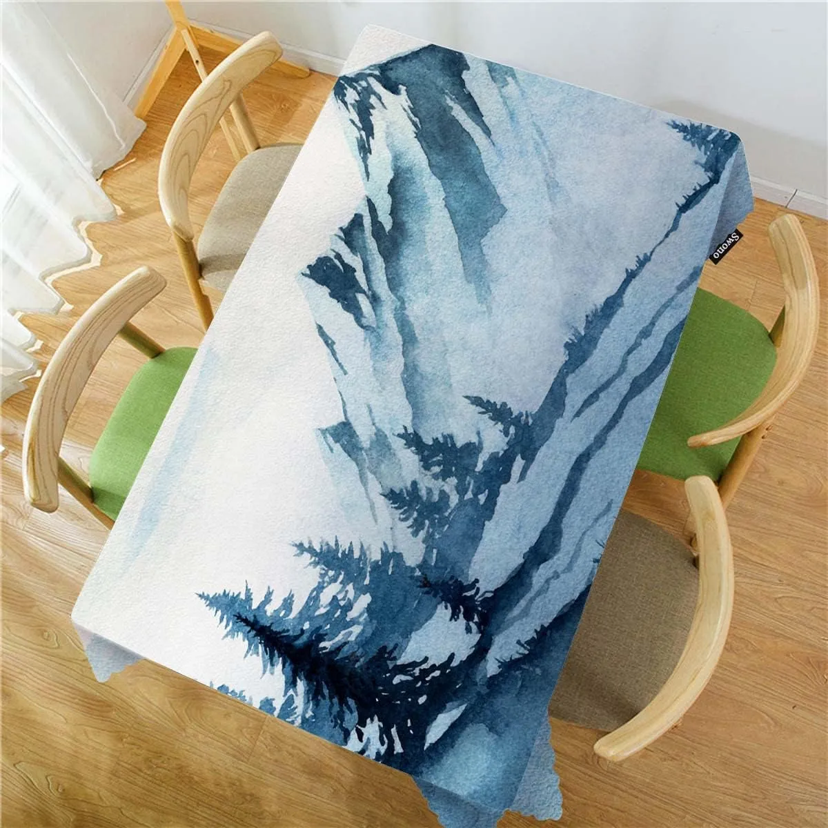 Swono Foggy Mountain 52"X70" Oblong Table Cloth Misty Forest Tree Hills Landscape Wrinkle Free Table Cover Farmhouse Tablecloth for Home Restaurant Picnic Indoor Outdoor Dining, Blue
