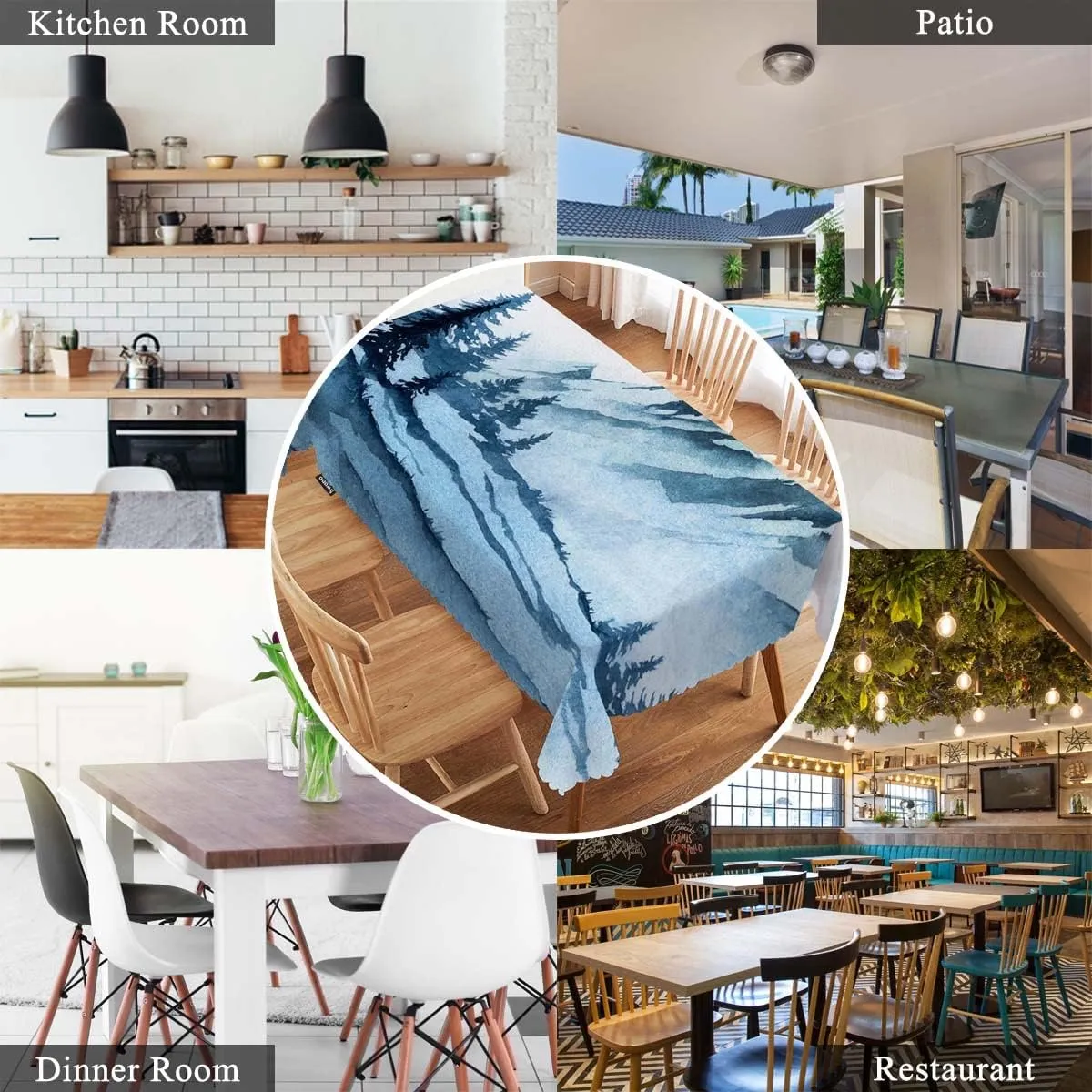 Swono Foggy Mountain 52"X70" Oblong Table Cloth Misty Forest Tree Hills Landscape Wrinkle Free Table Cover Farmhouse Tablecloth for Home Restaurant Picnic Indoor Outdoor Dining, Blue