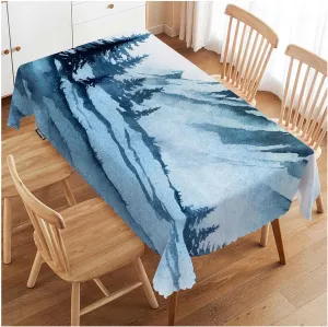 Swono Foggy Mountain 52"X70" Oblong Table Cloth Misty Forest Tree Hills Landscape Wrinkle Free Table Cover Farmhouse Tablecloth for Home Restaurant Picnic Indoor Outdoor Dining, Blue