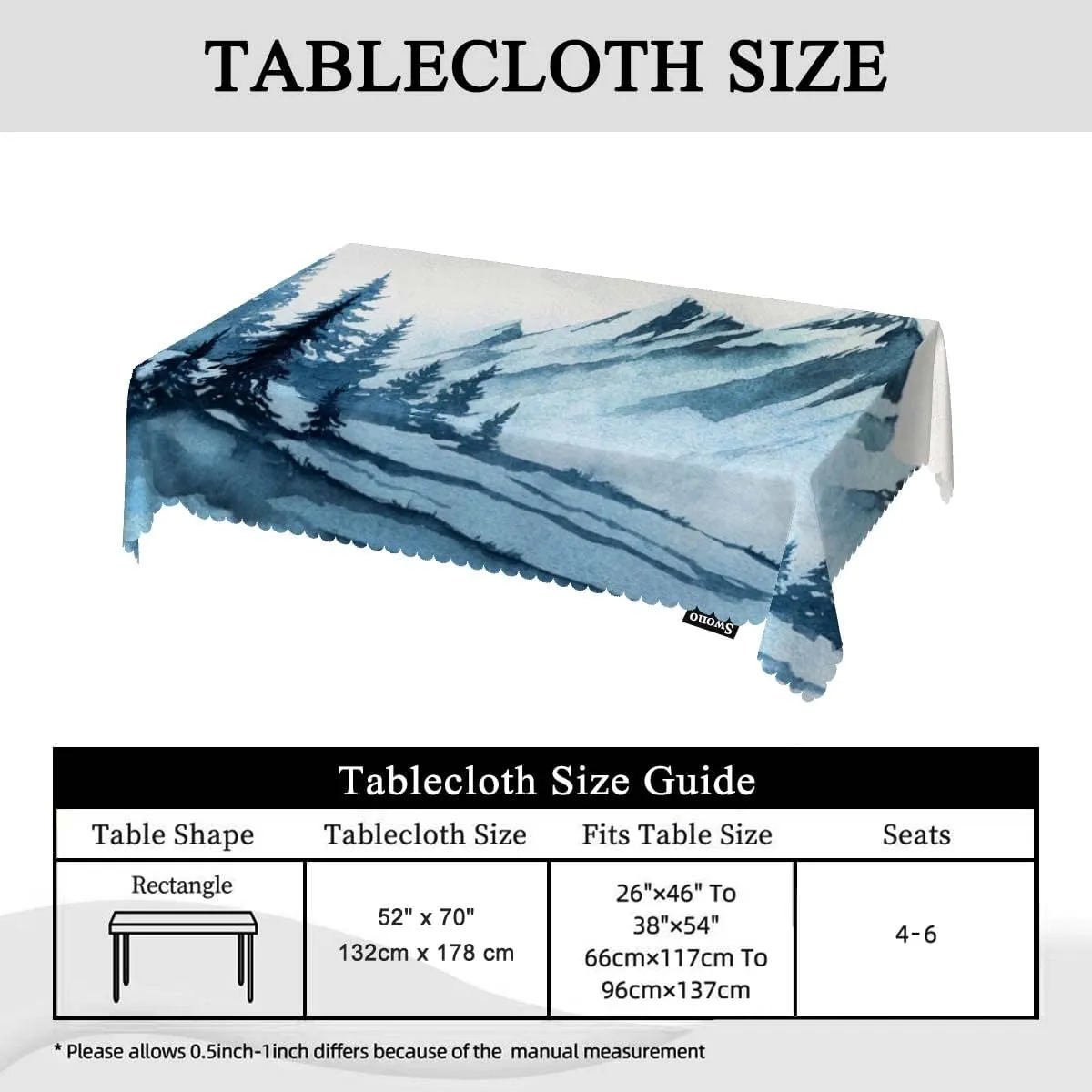 Swono Foggy Mountain 52"X70" Oblong Table Cloth Misty Forest Tree Hills Landscape Wrinkle Free Table Cover Farmhouse Tablecloth for Home Restaurant Picnic Indoor Outdoor Dining, Blue