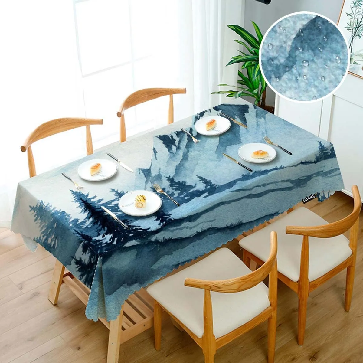 Swono Foggy Mountain 52"X70" Oblong Table Cloth Misty Forest Tree Hills Landscape Wrinkle Free Table Cover Farmhouse Tablecloth for Home Restaurant Picnic Indoor Outdoor Dining, Blue