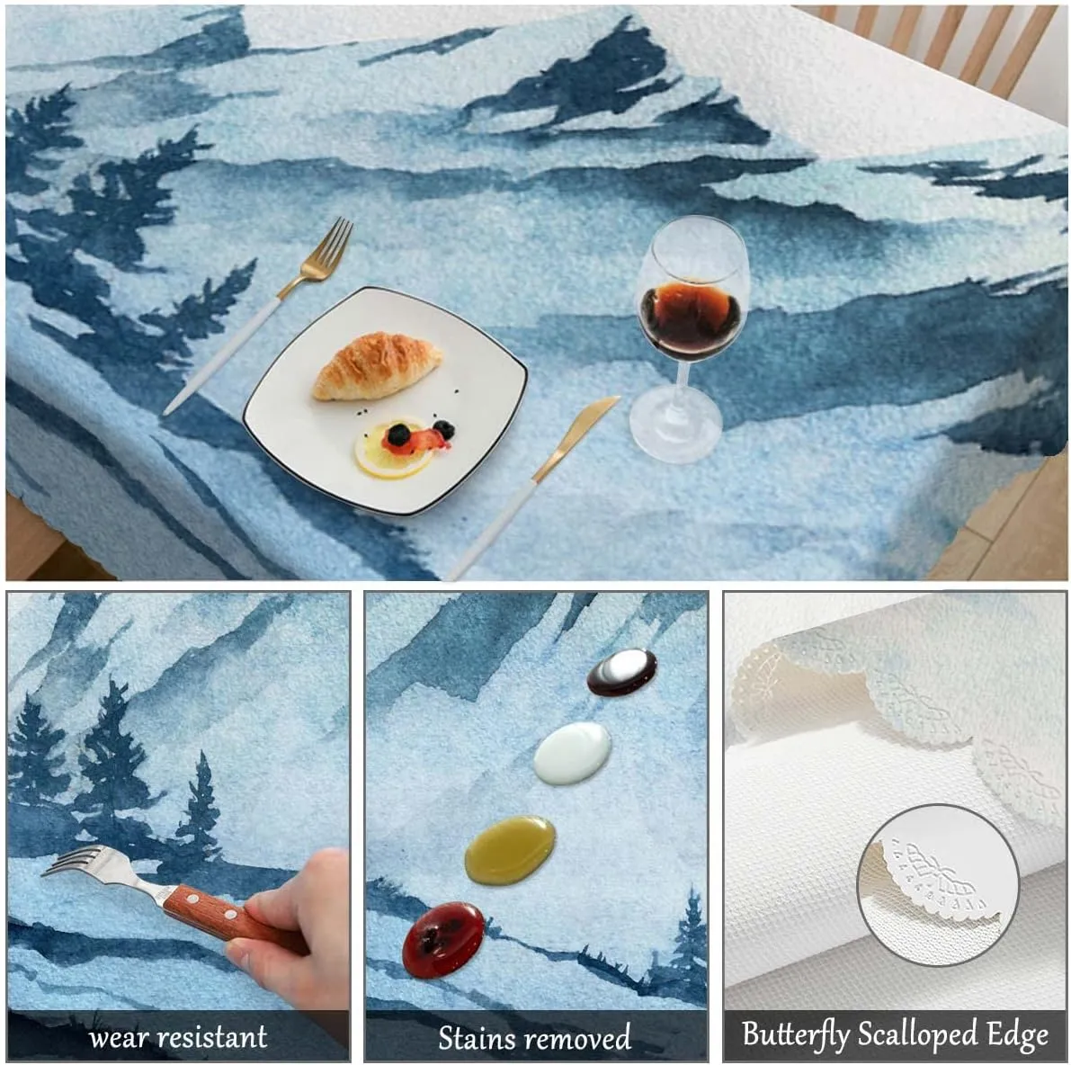 Swono Foggy Mountain 52"X70" Oblong Table Cloth Misty Forest Tree Hills Landscape Wrinkle Free Table Cover Farmhouse Tablecloth for Home Restaurant Picnic Indoor Outdoor Dining, Blue