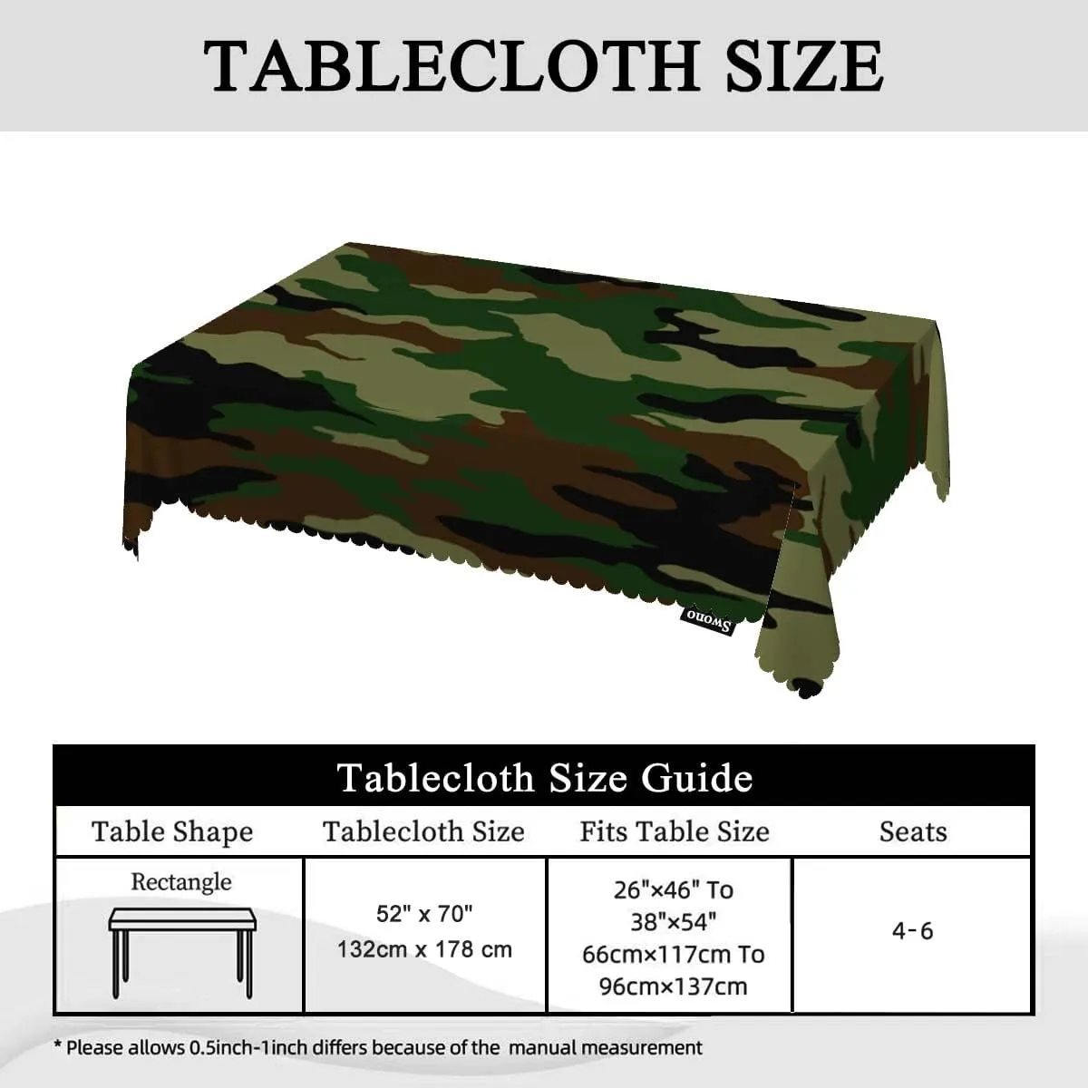 Swono Tablecloth 52"X70" Camouflage, Hunting Military Camo Jungle Rectangle Table Cover Anti-Oil Tablecloth for Dining Tables, Parties, Wedding and Banquet Decoration, Green Brown
