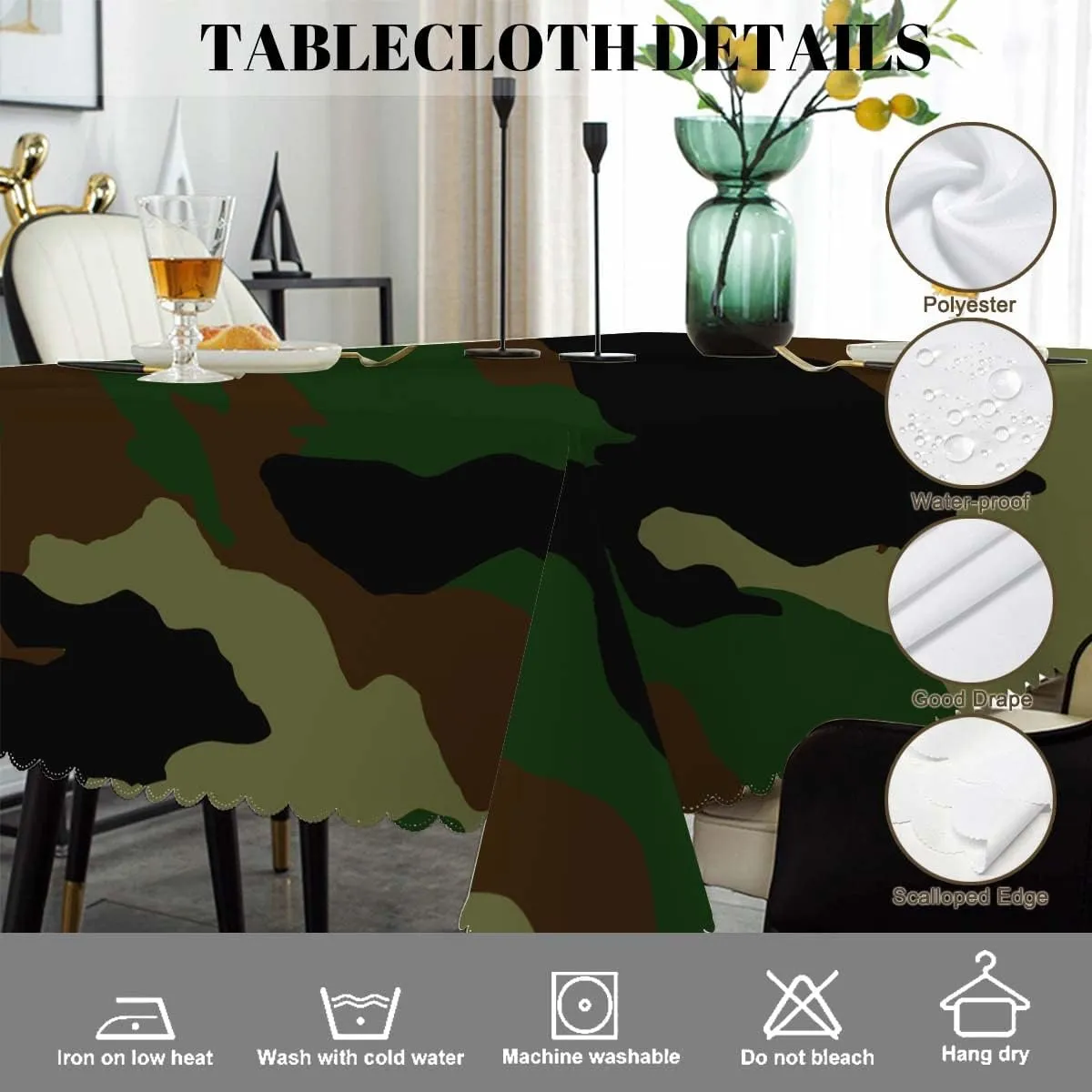 Swono Tablecloth 52"X70" Camouflage, Hunting Military Camo Jungle Rectangle Table Cover Anti-Oil Tablecloth for Dining Tables, Parties, Wedding and Banquet Decoration, Green Brown