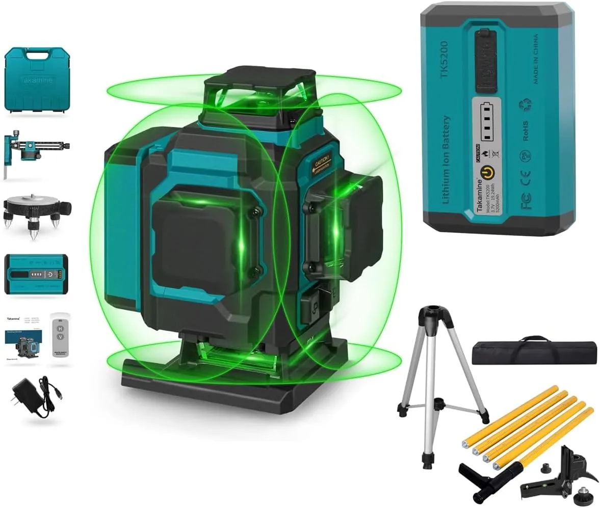 Takamine 16 Lines Green Laser Level Pro with Adjustable Telescoping Pole and an Extra Li-Ion Battery.