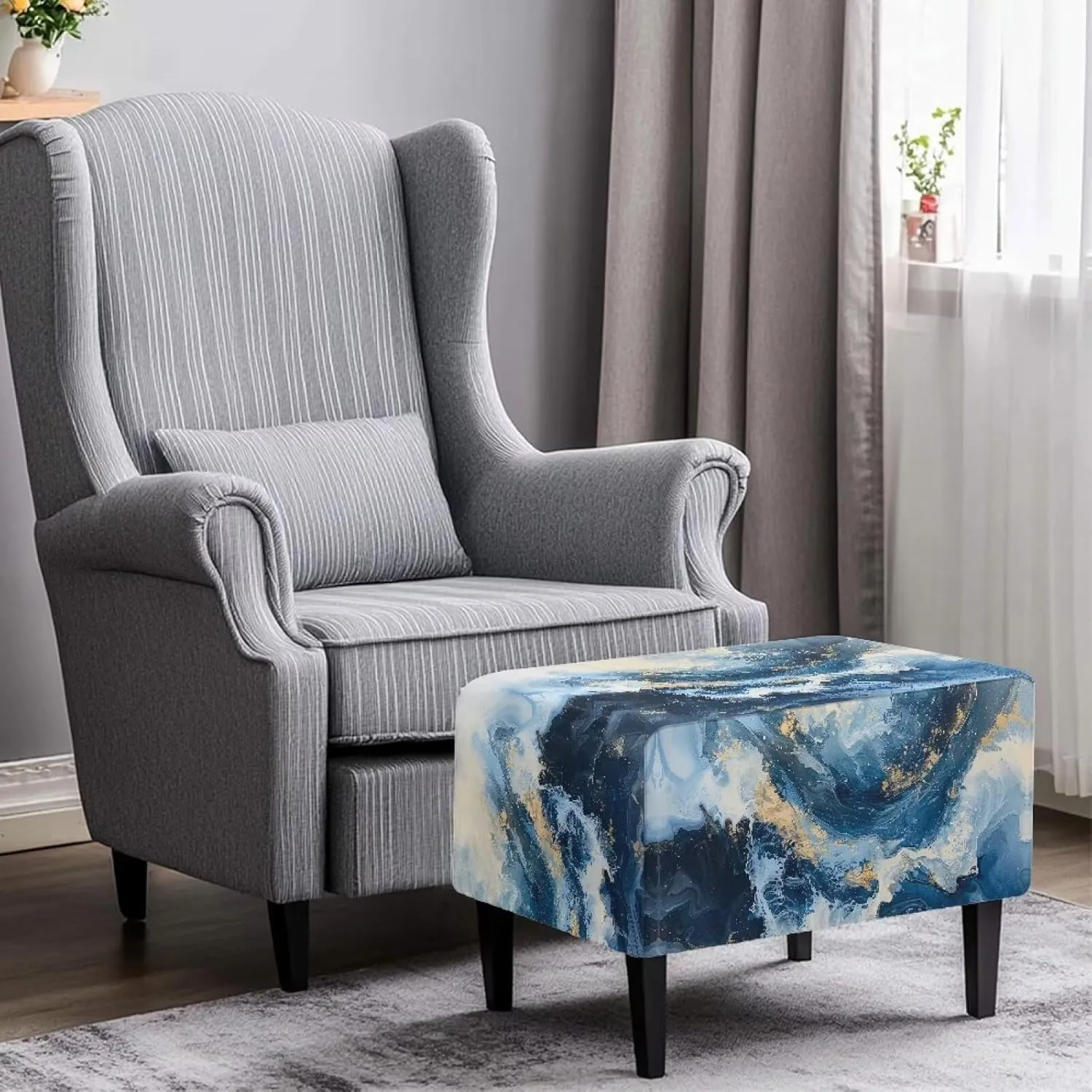 Talayituse Blue Marble Print Waterproof Stretch Ottoman Cover Rectangle Folding Storage Stool Furniture Protector Soft Slipcover for Living Room with Elastic Bottom, L