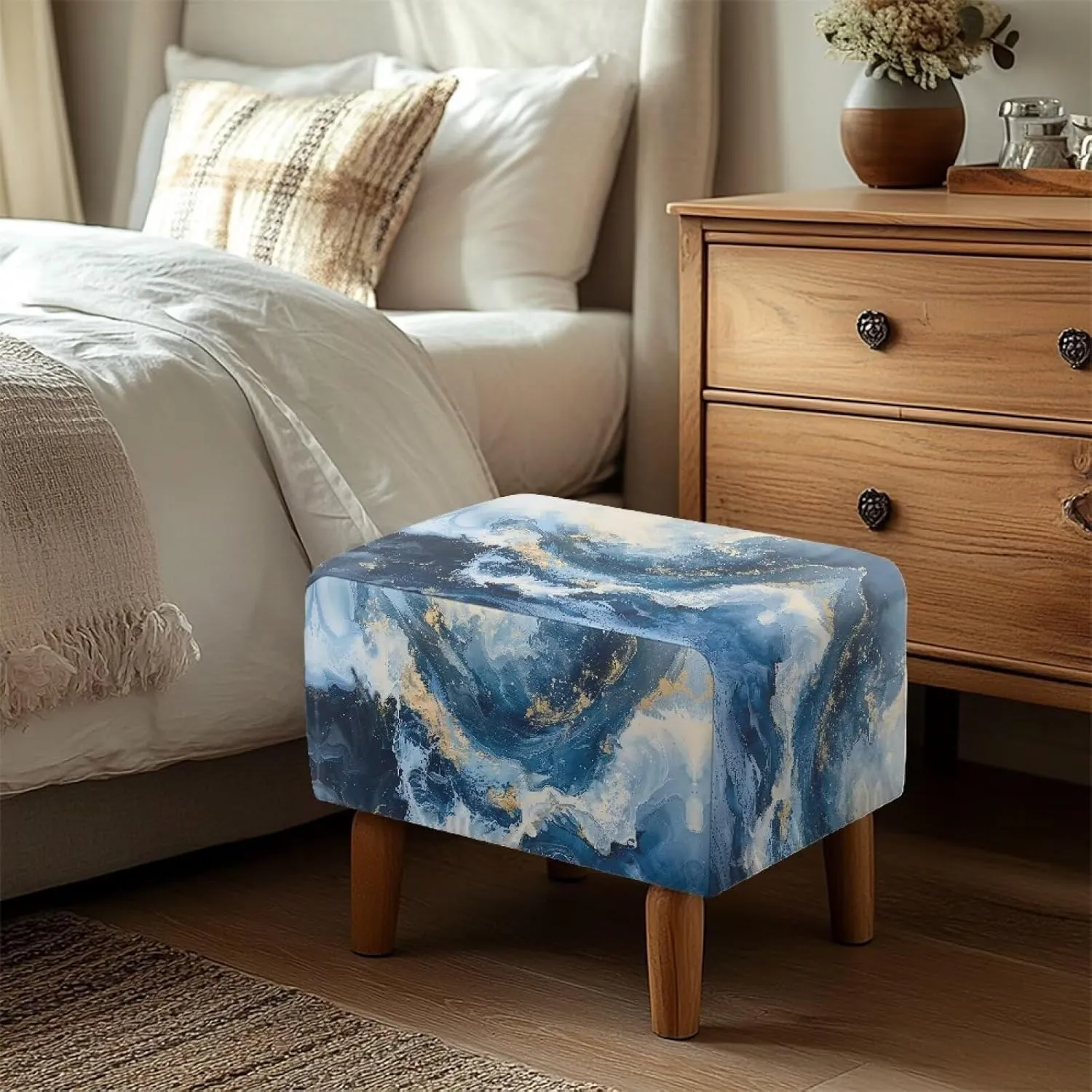 Talayituse Blue Marble Print Waterproof Stretch Ottoman Cover Rectangle Folding Storage Stool Furniture Protector Soft Slipcover for Living Room with Elastic Bottom, L