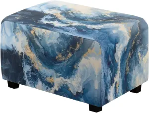 Talayituse Blue Marble Print Waterproof Stretch Ottoman Cover Rectangle Folding Storage Stool Furniture Protector Soft Slipcover for Living Room with Elastic Bottom, L