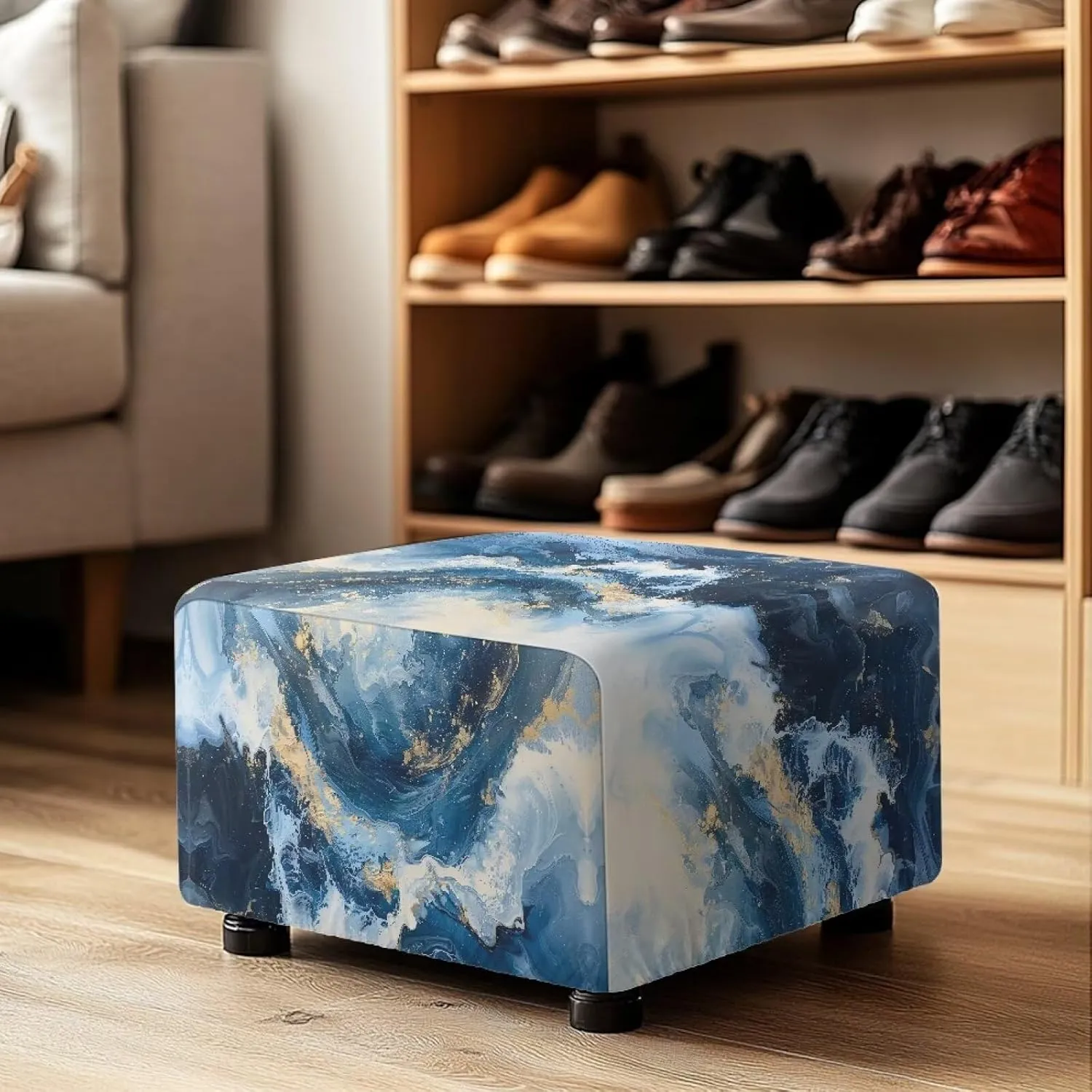 Talayituse Blue Marble Print Waterproof Stretch Ottoman Cover Rectangle Folding Storage Stool Furniture Protector Soft Slipcover for Living Room with Elastic Bottom, L