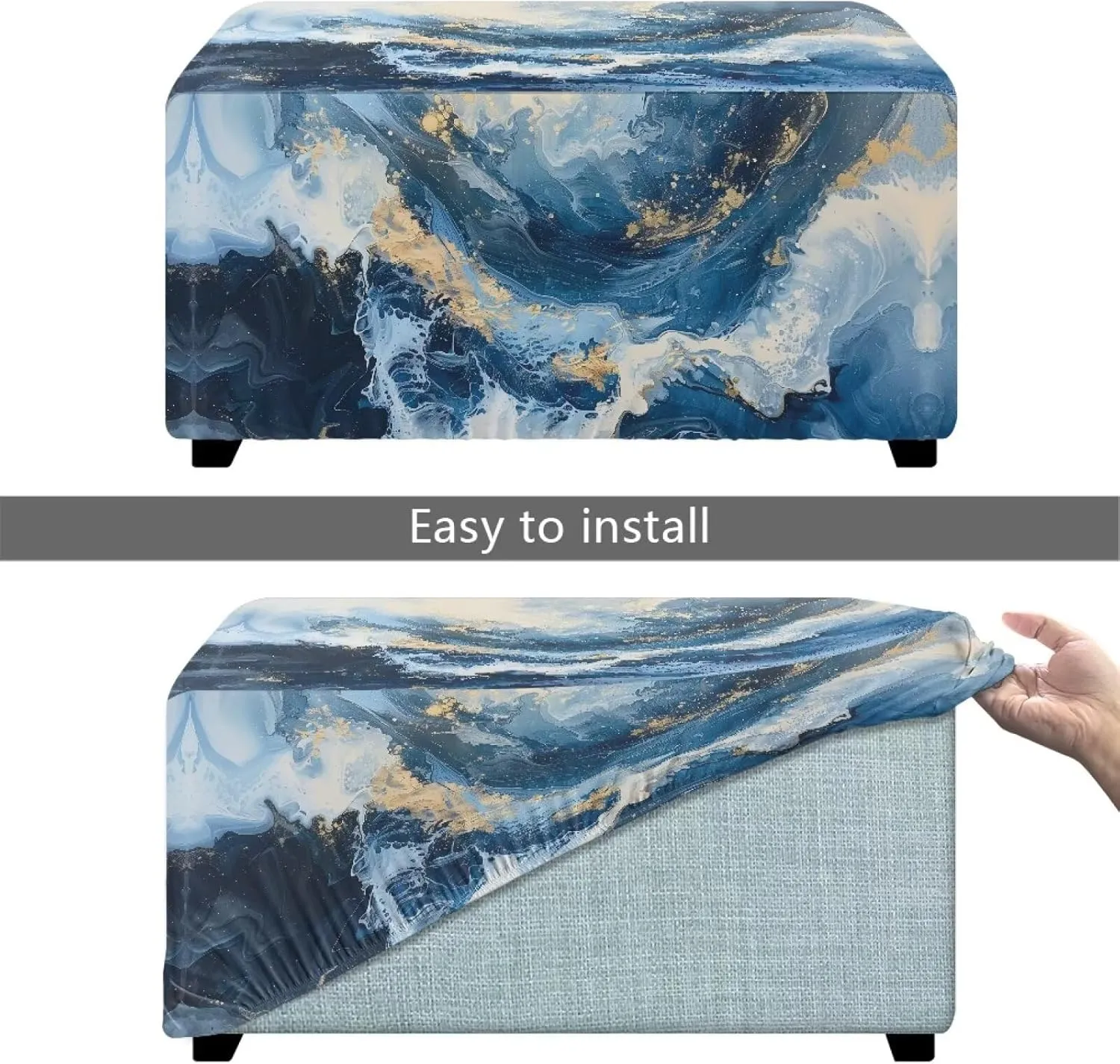 Talayituse Blue Marble Print Waterproof Stretch Ottoman Cover Rectangle Folding Storage Stool Furniture Protector Soft Slipcover for Living Room with Elastic Bottom, L