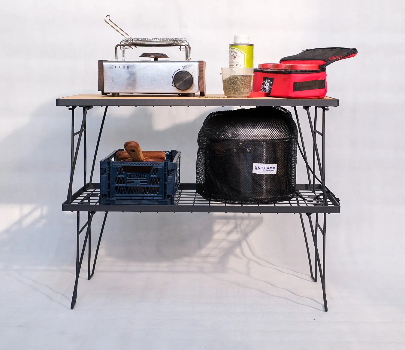 Tani Camping 2 Layer Outdoor Rack Heavy Duty Camping Shelf with Wood top