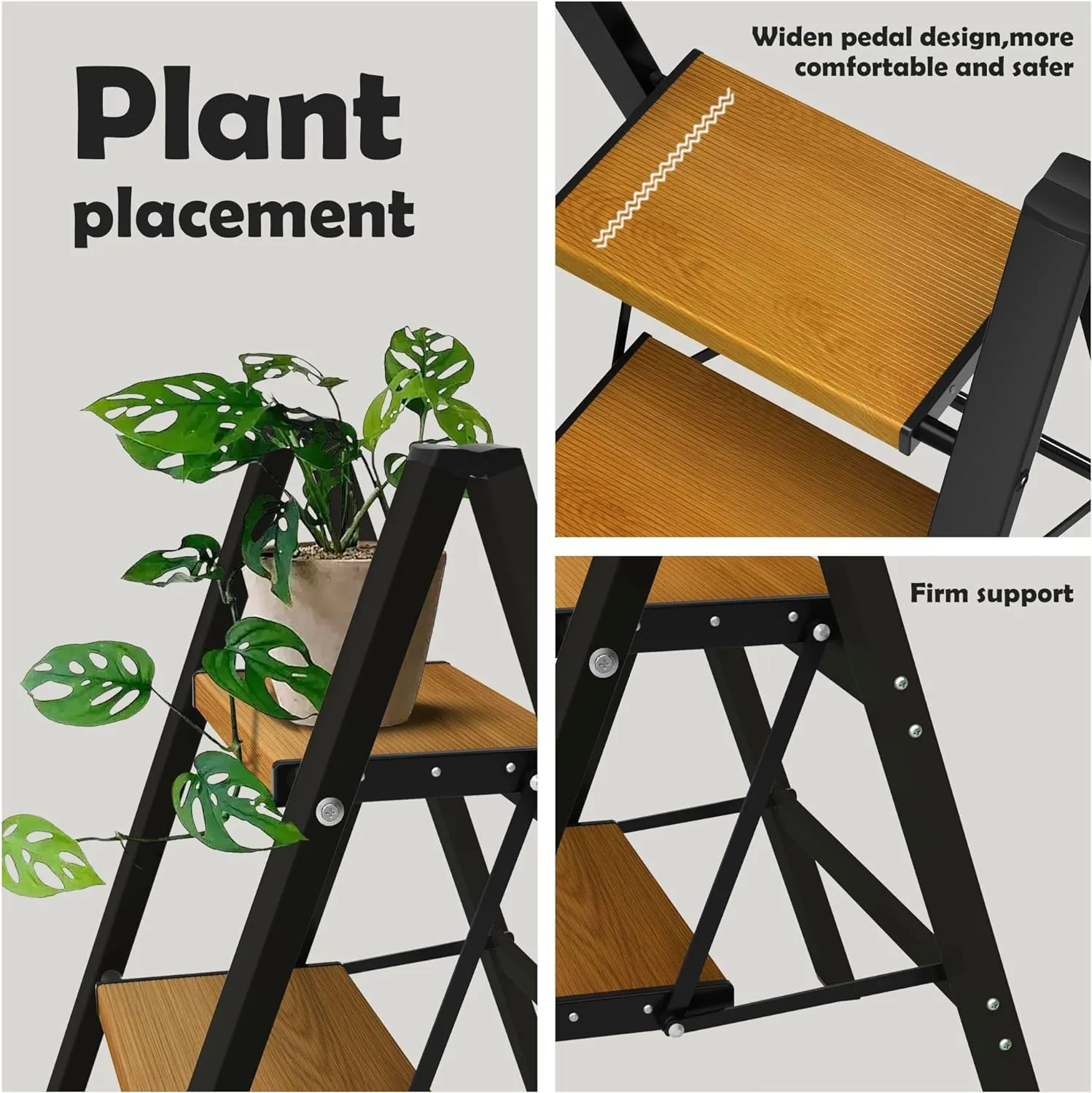 Taranta 2 Step Ladder,Aluminum Lightweight Folding 2 Step Stool with Anti-Slip Wide Pedal, 330lbs Capacity Step Ladder for Household,Kitchen,Office - BlackWoodgrain