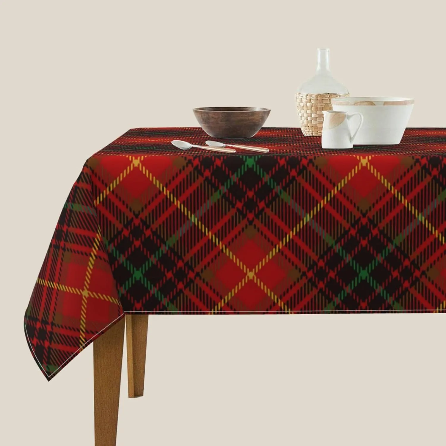 Tartan-Red-Green-Gold-and-Black-Color-Plaid-Flannel-Shirt-S-Trend 100% Polyester Fiber Square Tablecloth Anti Pilling Tablecloth Decoration 54"X54"
