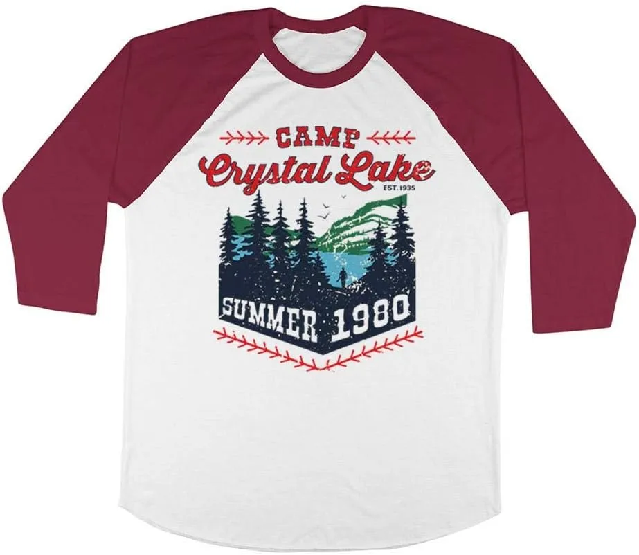 TeesAndTankYou Camp Crystal Lake Three-Quarter Raglan Sleeve Baseball Shirt Unisex