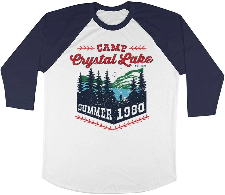 TeesAndTankYou Camp Crystal Lake Three-Quarter Raglan Sleeve Baseball Shirt Unisex