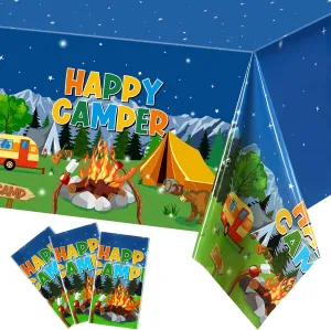 Tegeme 3 Pieces Camping Tablecloth Campfire Party Table Cover Adventure Tablecloth Camp Out Campfire Forest Themed Plastic Table Cover for Camping Party Decorations Supplies