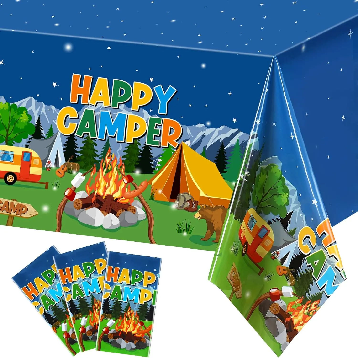Tegeme 3 Pieces Camping Tablecloth Campfire Party Table Cover Adventure Tablecloth Camp Out Campfire Forest Themed Plastic Table Cover for Camping Party Decorations Supplies