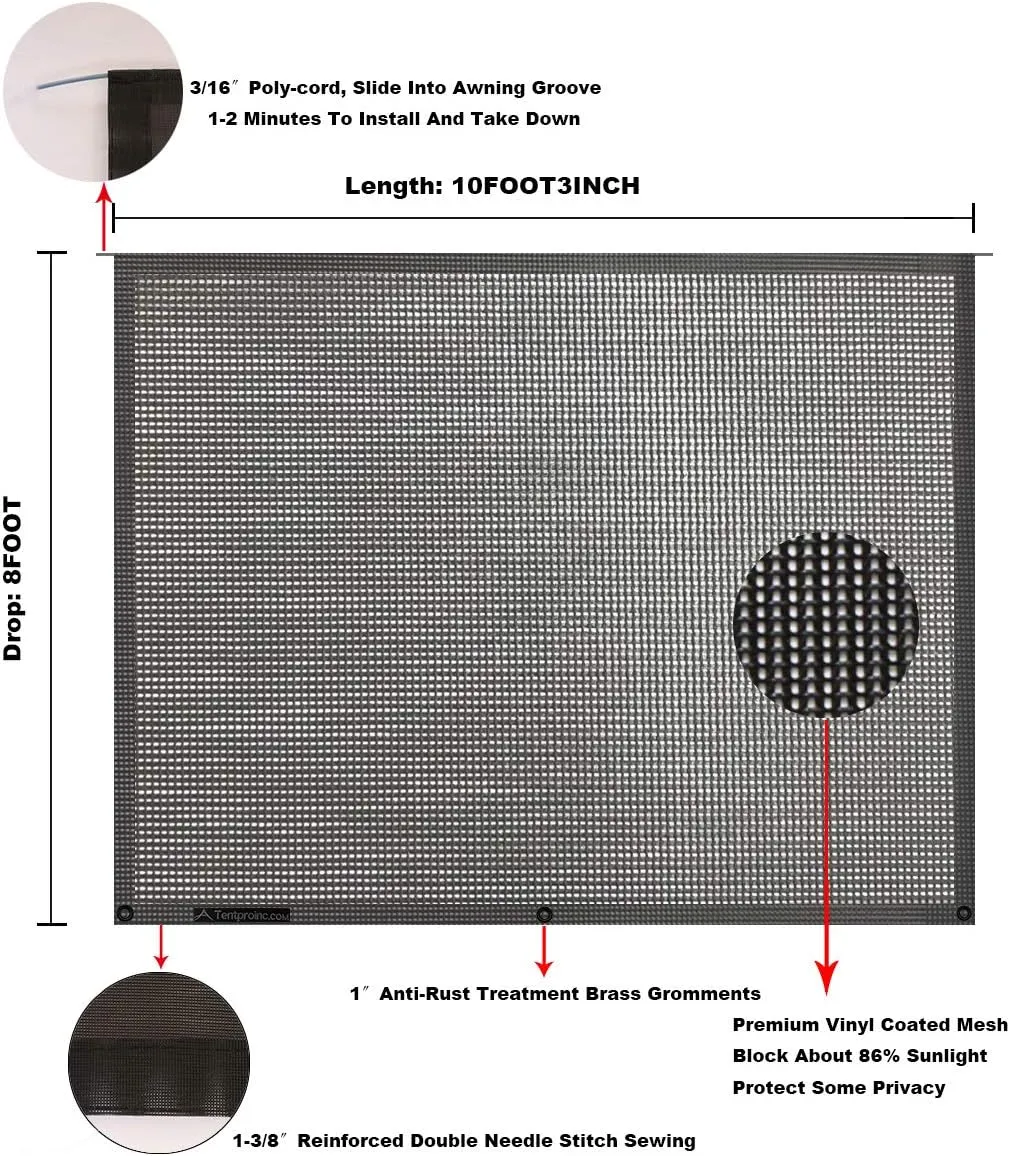 Tentproinc RV Awning Sun Shade Screen 8' X 10' 3'' (Fit for 11' Awning) Mesh Sunshade Motorhome Sunscreen Camping Trailer Awning Shadescreen UV SunBlocker - 3 Year Warranty (Black)