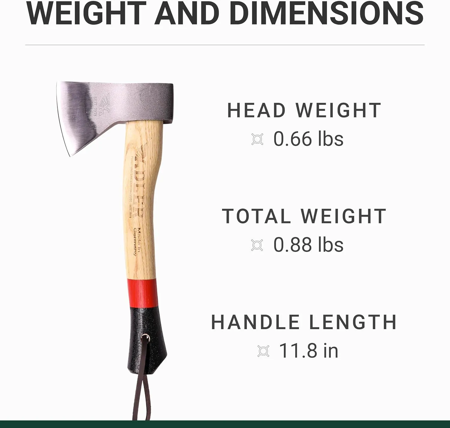 The Scout Hatchet - Compact German Made Camping & Backpacking Hatchet, 11.8" Ash Handle with Anti-Slip Grip, 0.88 lb Lightweight Design, Premium Leather Sheath (Red Stripe)
