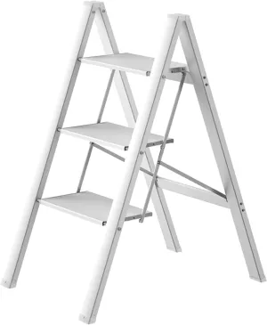 Thickened Aluminum Alloy Three-Step Herringbone Ladder Multifunctional Foldable Four-Step Climbing Ladder Portable Flower Stand, White (Size : 3 Step Ladder)