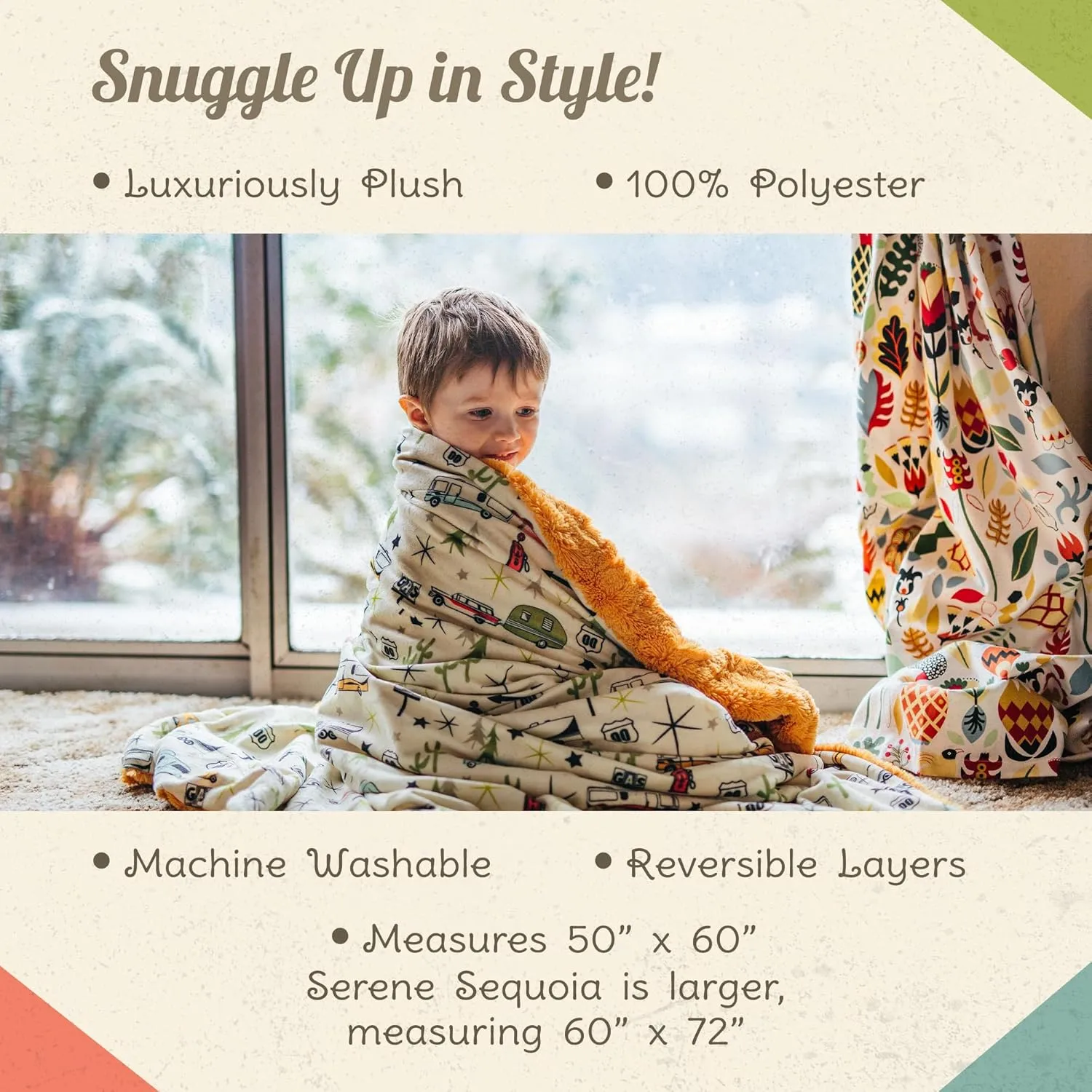 Throw Blanket for Camping - Plush Reversible Camping Blanket for Indoor & Outdoor Settings - Machine Washable Soft Blanket - 100% Polyester Cozy Blanket with Retro-Inspired Patterns, Camp Casual