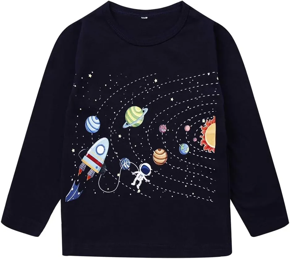 Toddler Boy Long Sleeve Shirts Kids Pullover Top Planet Dinosaur Tractor Cotton Graphic T-Shirt