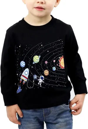 Toddler Boy Long Sleeve Shirts Kids Pullover Top Planet Dinosaur Tractor Cotton Graphic T-Shirt