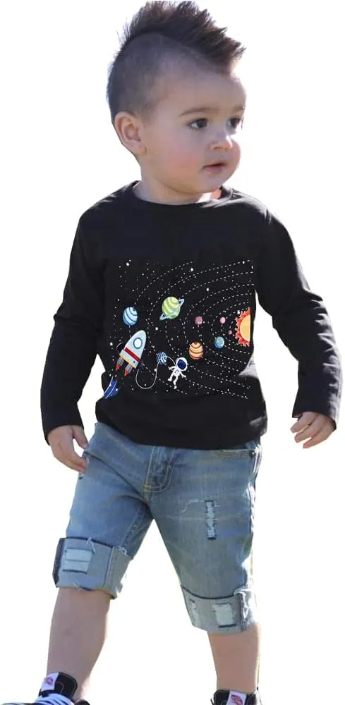 Toddler Boy Long Sleeve Shirts Kids Pullover Top Planet Dinosaur Tractor Cotton Graphic T-Shirt