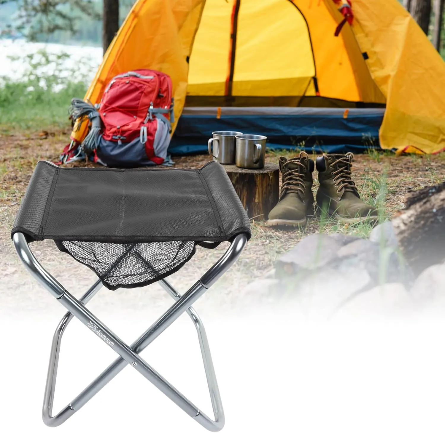 Topyond Outdoor Portable Folding Stool Aluminum Alloy Frame,High Density Cloth,Bottom Pocket Design,Lightweight and Durable for Camping, Picnics, Travel(Gray)