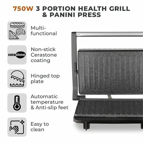 Tower 750W 3 Portion Health Grill & Panini Press with Non-stick Cerastone Coating - Stainless Steel | T27038