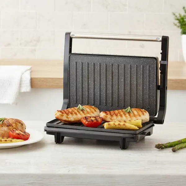 Tower 750W 3 Portion Health Grill & Panini Press with Non-stick Cerastone Coating - Stainless Steel | T27038