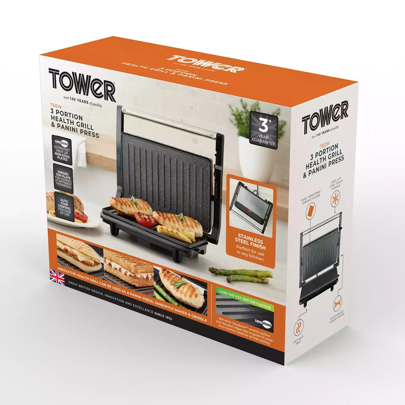 Tower 750W 3 Portion Health Grill & Panini Press with Non-stick Cerastone Coating - Stainless Steel | T27038