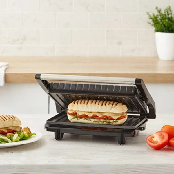 Tower 750W 3 Portion Health Grill & Panini Press with Non-stick Cerastone Coating - Stainless Steel | T27038
